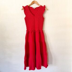 C&C California Women’s Red Smocked Gauze Flutter Sleeve Midi Dress